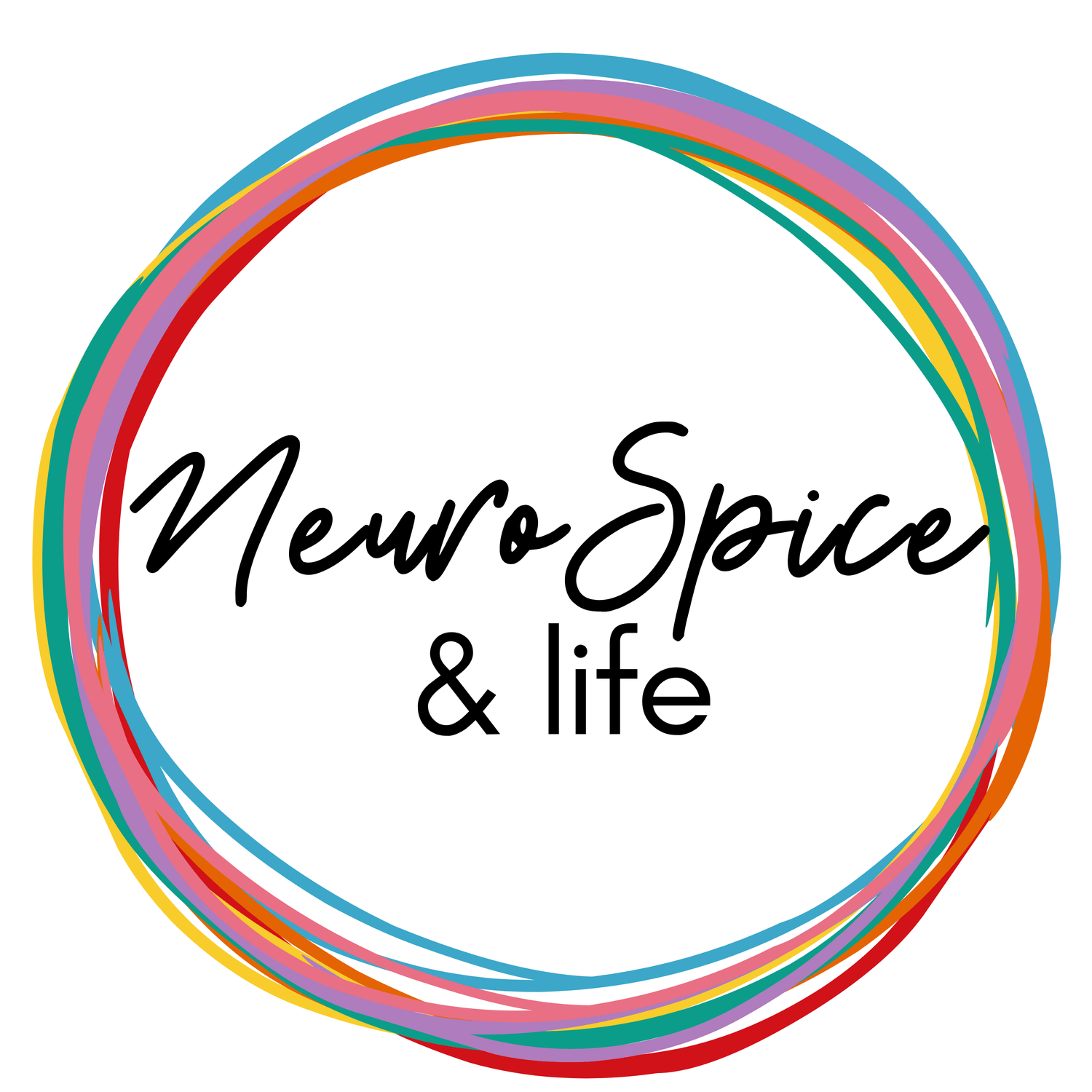 The neuropsce and life logo. It has the words "neruospice and life" in black handwriting on a white background. It is surrounded by 7 hand drawn circles layered on top of each other. They are in rainbow colours to represent the neurodiversity unity symbol. The circle shows the life long connection between the two hosts who are best friends and the process of ongoing learning. The scribble nature of the circles is also acknowledging stimming and other neuroaffirming practices.