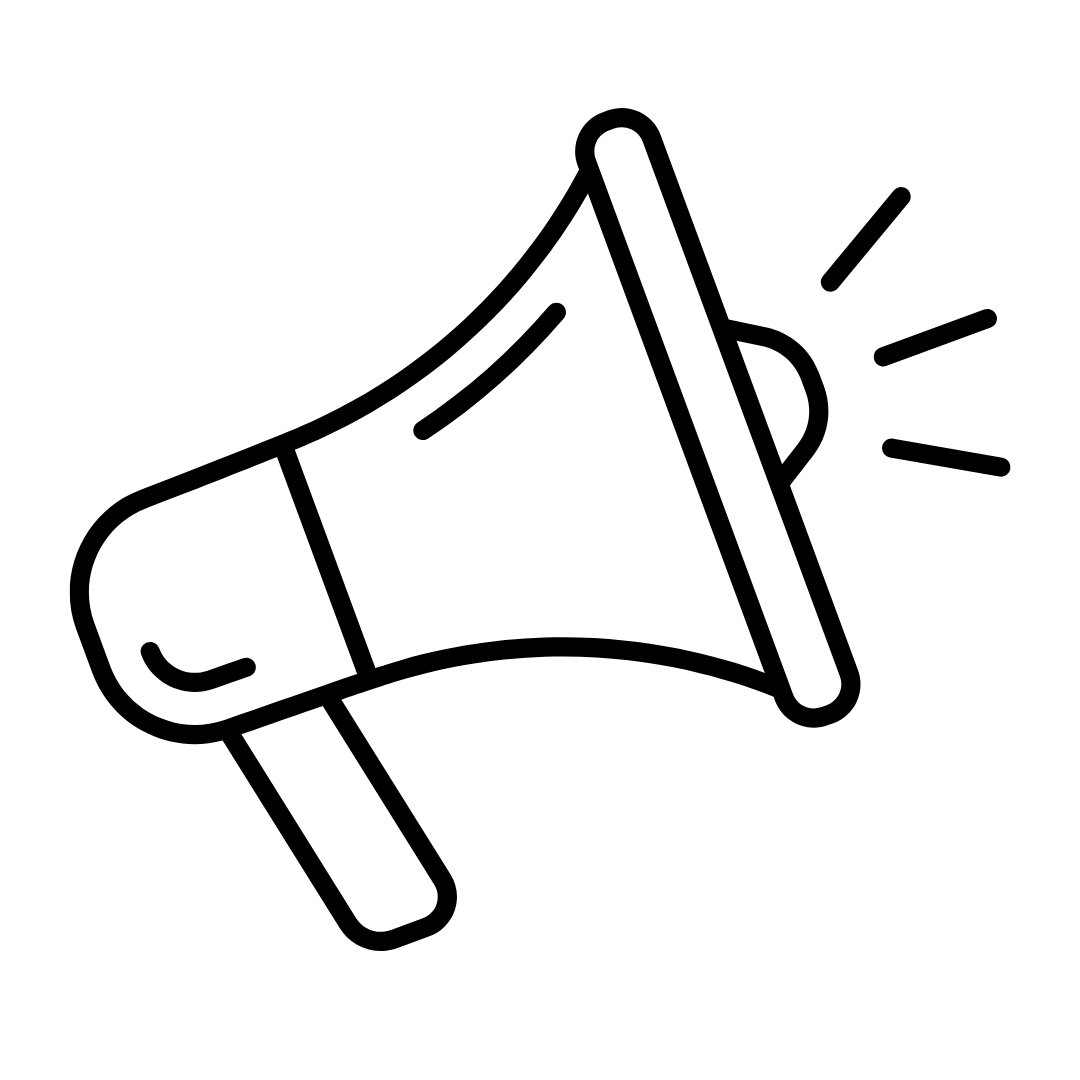 An outline of a megaphone representing neuroaffirming public speaking, keynote speaking and facilitation by autistic and ADHD voices. 