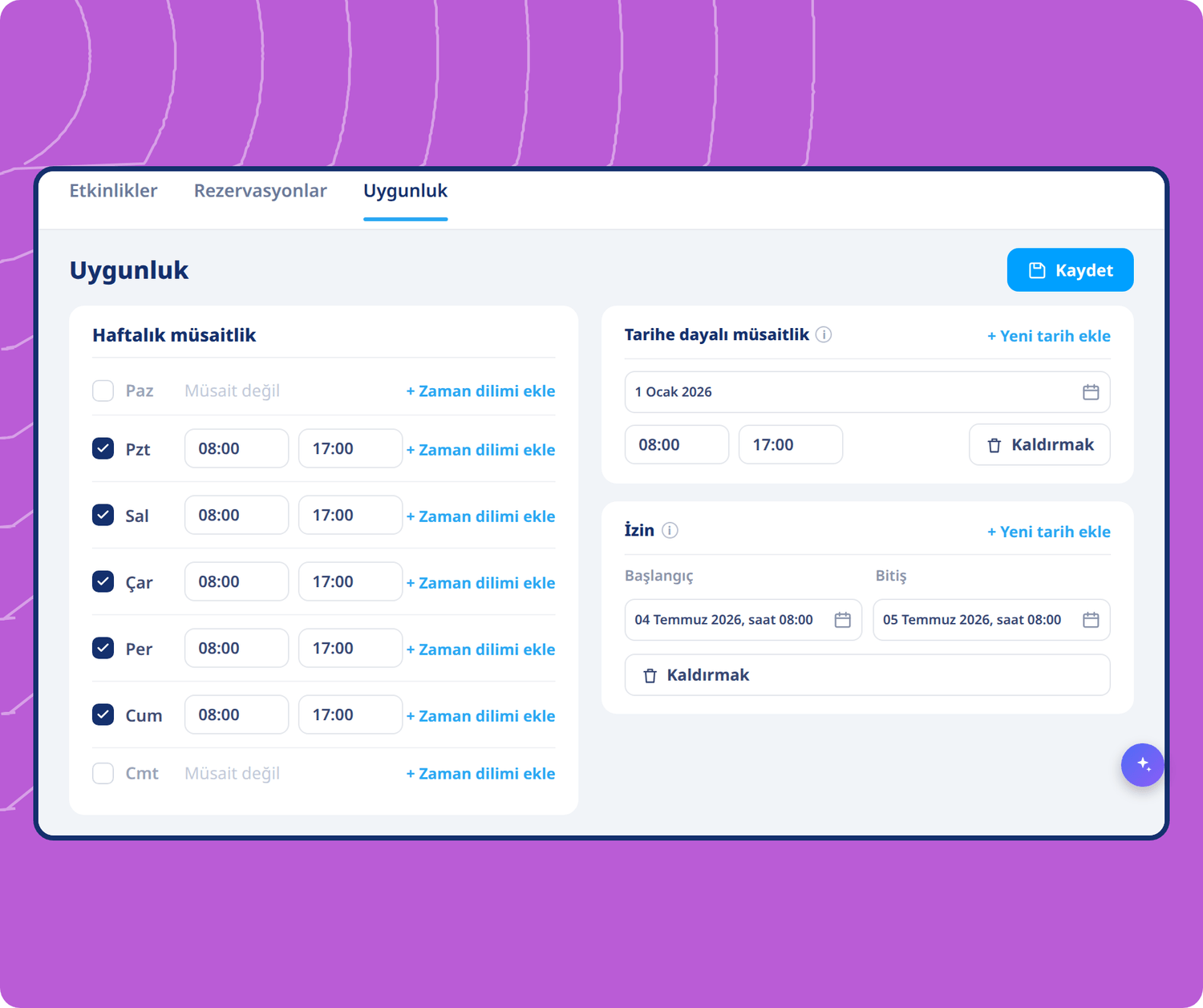 Availability scheduling interface in systeme.io showing weekly hours, date-specific availability, and time-off settings for bookings.