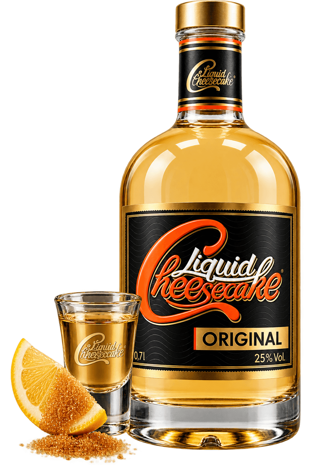 Liquid Cheesecake Flasche mit Shot Glas Zitrone und braunen Zucker