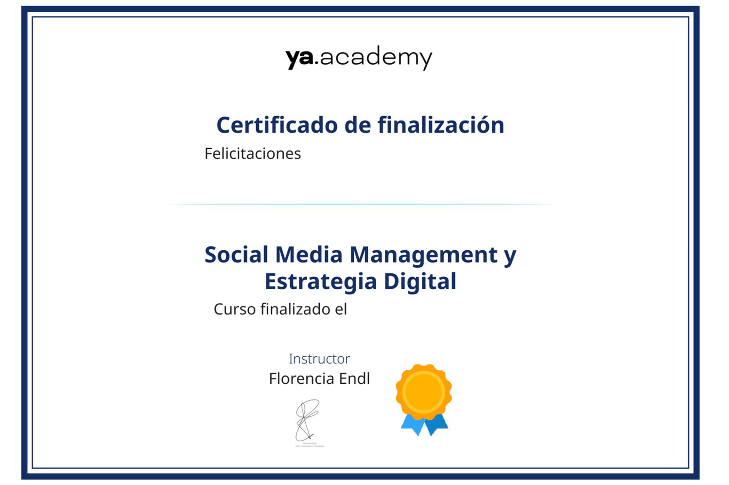 Certificado de finalización — Social Media Manager, YA Academy