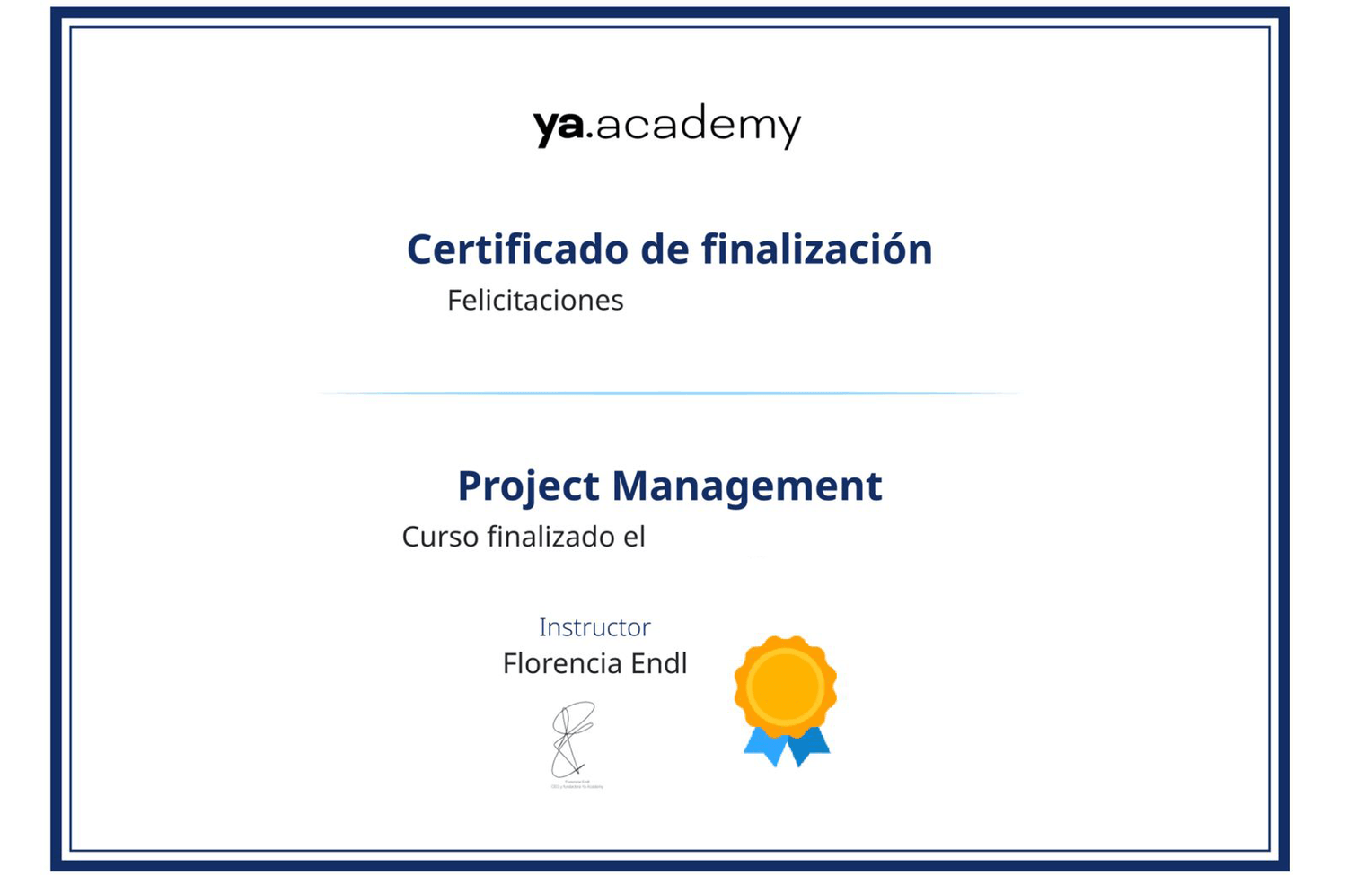 Certificado de finalización — Project Management, YA Academy