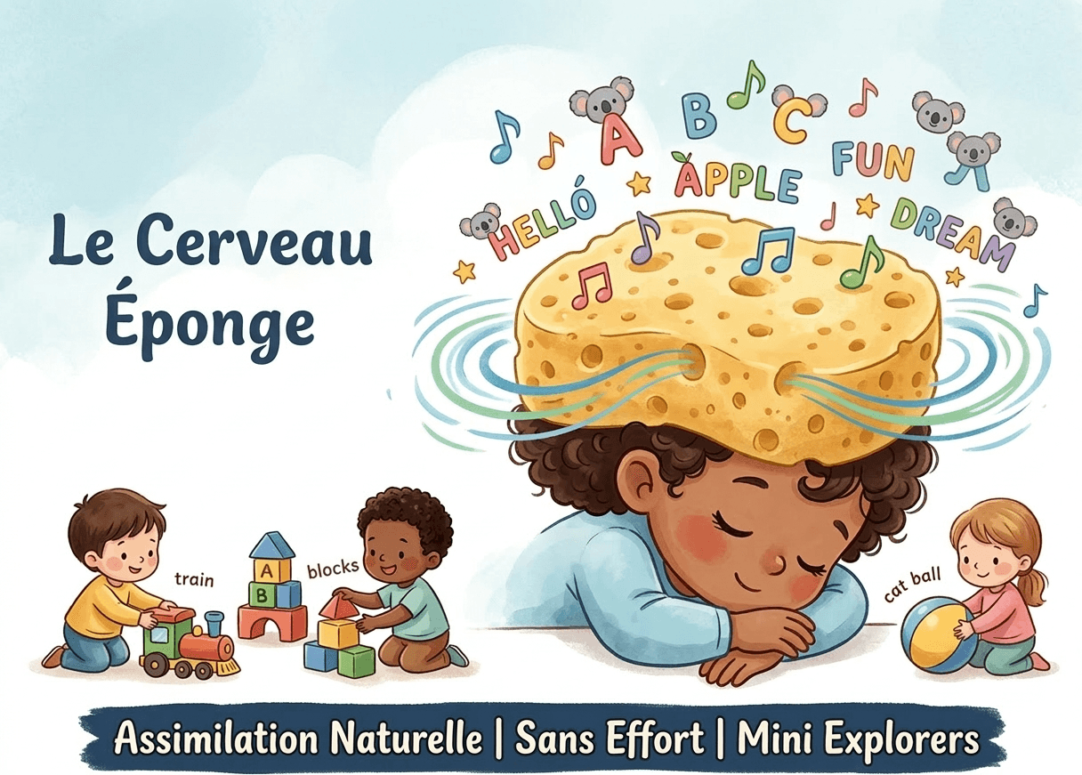 Illustration montrant un enfant avec une éponge à la place du cerveau absorbant des mots anglais. Concept d'assimilation naturelle de l'anglais pour enfants à Dunkerque par Mini Explorers.