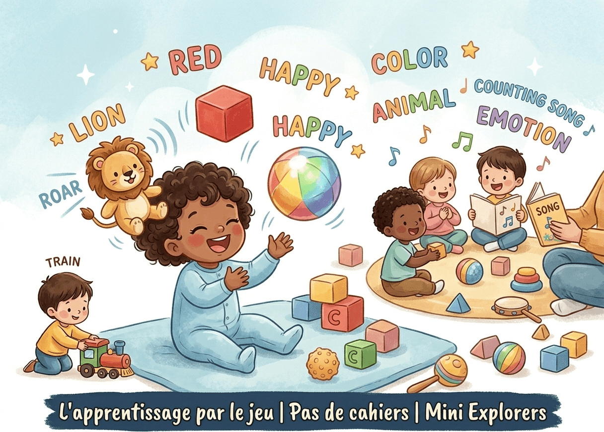 Enfant jouant avec des objets colorés, bulles de mots anglais (LION, RED, HAPPY). Illustration de l'apprentissage ludique sans cahiers par Mini Explorers Dunkerque.