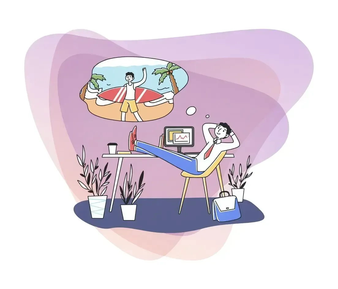 Homme détendu devant son ordinateur qui rêve de la plage, illustrant une relation plus sereine à l’argent.