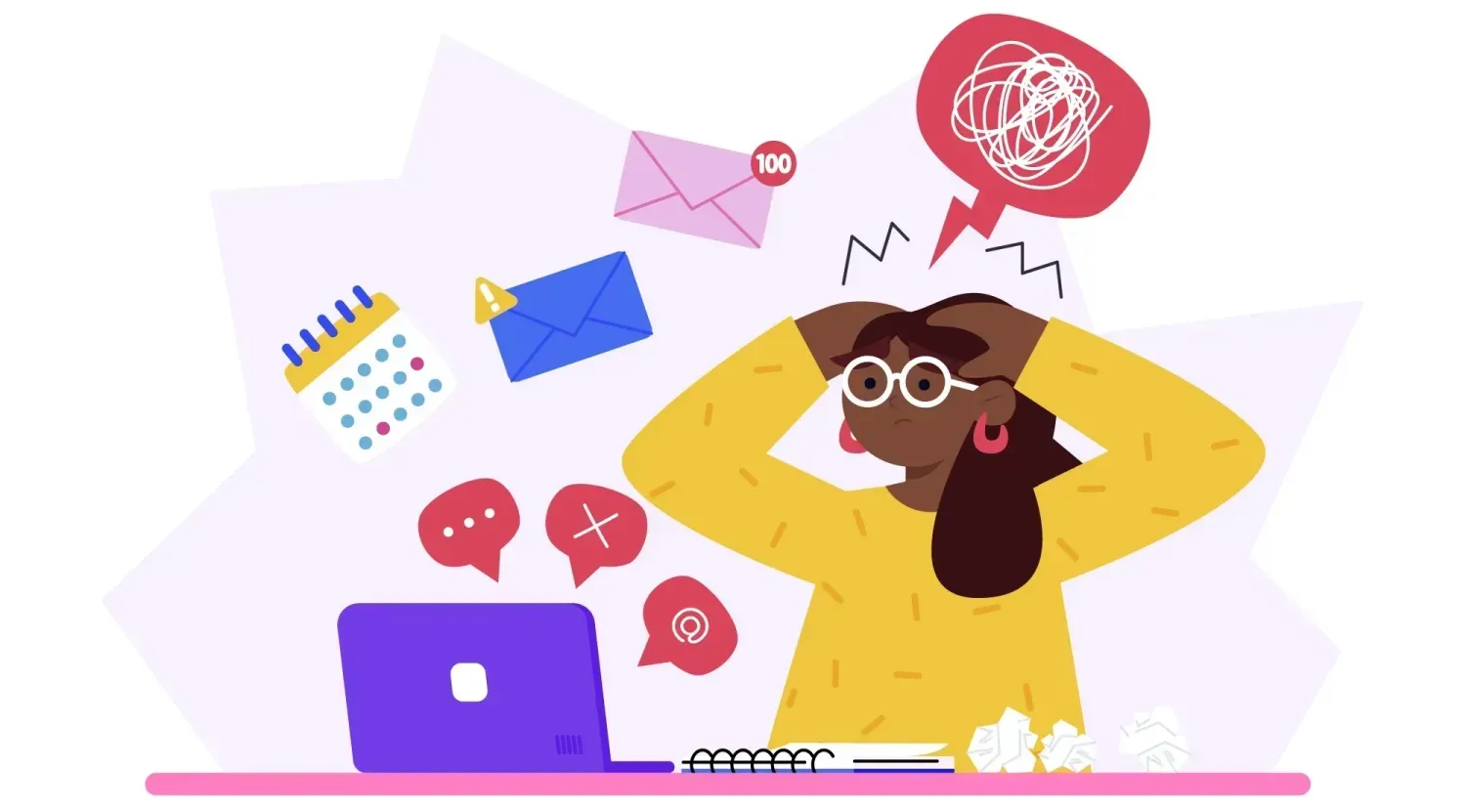 Personne submergée par les notifications et les tâches devant son ordinateur, illustrant la fatigue et les fuites d’énergie au travail.