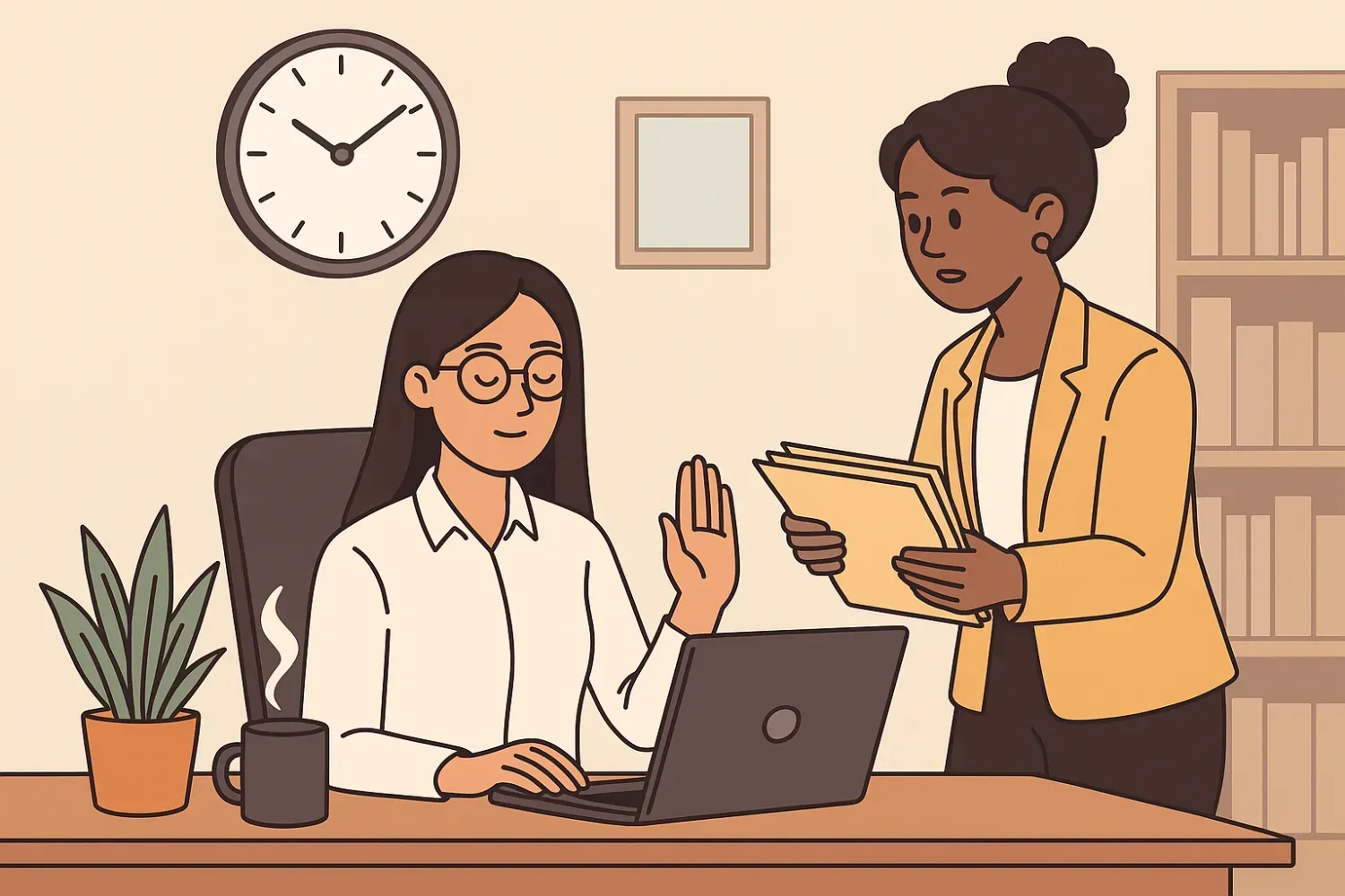 Employé qui pose calmement des limites face à une demande de travail supplémentaire pour protéger son énergie au travail.