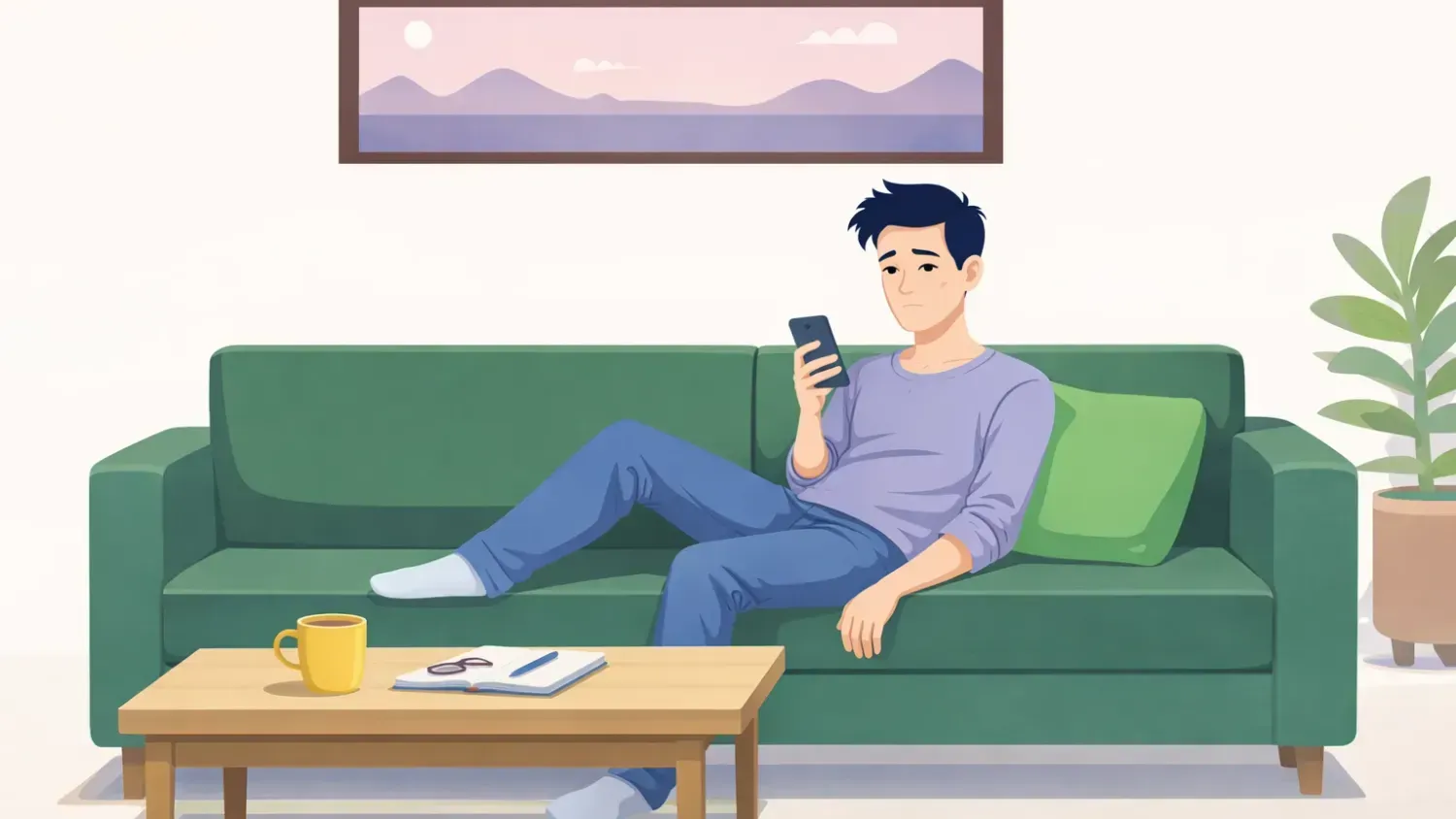 Illustration d’une personne fatiguée assise sur un canapé regardant son téléphone dans un salon moderne
