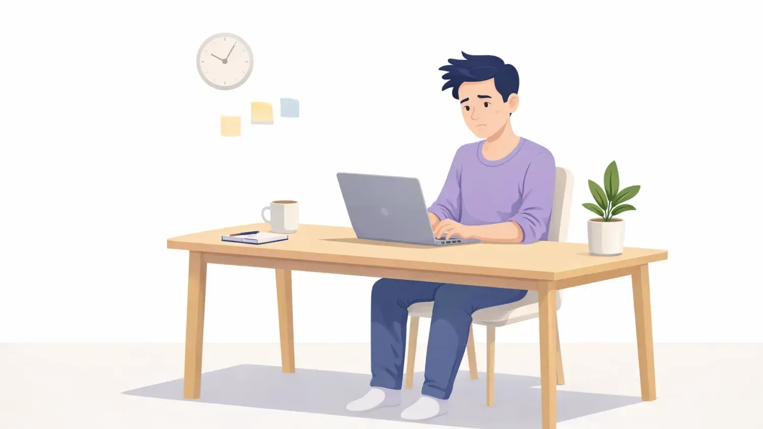 Illustration d’une personne assise à un bureau simple avec un ordinateur portable et quelques éléments essentiels