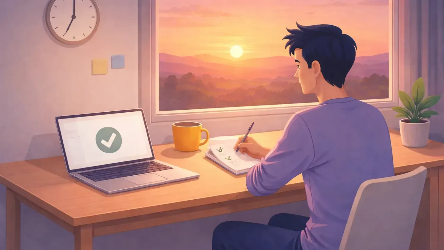 Illustration d’une personne seule à son bureau en fin de journée, avec des tâches cochées, un ordinateur portable ouvert et le soleil couchant à la fenêtre