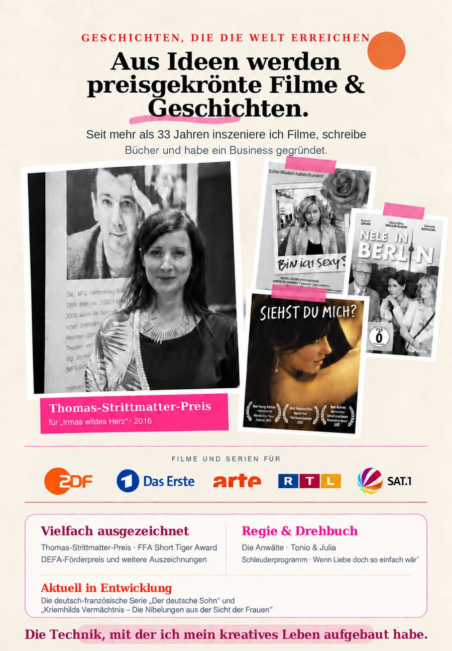 Social Proof: Aus Ideen werden preisgekrönte Filme und Geschichten. Seit mehr als 33 Jahren inszeniere ich Geschichten, schreibe Bücher und habe ein Business gegründet. Thomas-Strittmatter-Preis für Irmas wildes Herz 2016. Filme und Serien für ZDF, Das Erste, arte, RTL, SAT.1. Vielfach ausgezeichnet: Thomas-Strittmatter-Preis, FFA Short Tiger Award, DEFA-Förderpreis und weitere Auszeichnungen. Regie und Drehbuch: Die Anwälte, Tonio und Julia, Schleuderprogramm, Wenn Liebe doch so einfach wär. Aktuell in Entwicklung: die deutsch-französische Serie Der deutsche Sohn und Kriemhilds Vermächtnis, die Nibelungen aus Sicht der Frauen.