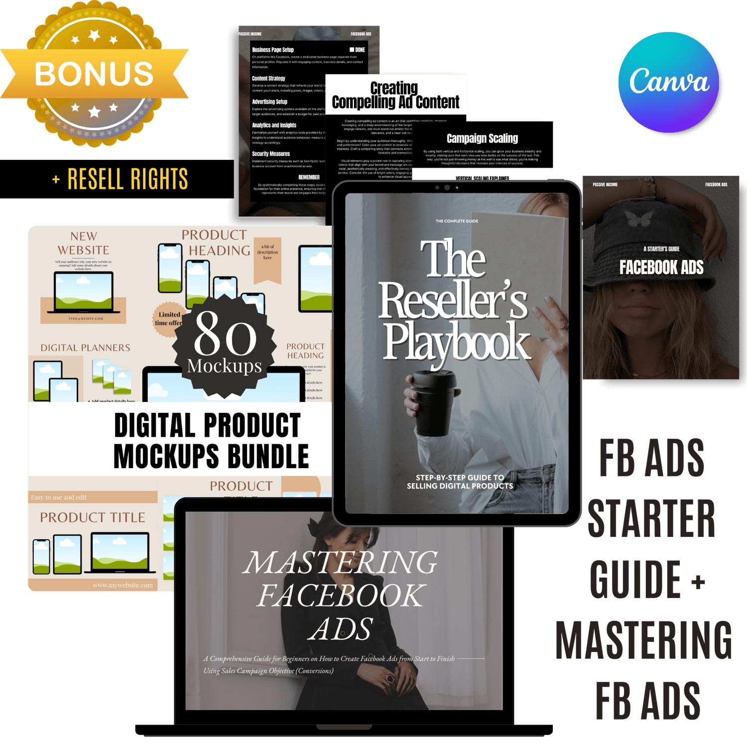 Bundle containing Reseller Playbook, 80 Mockups, and Facebook Ads Guides