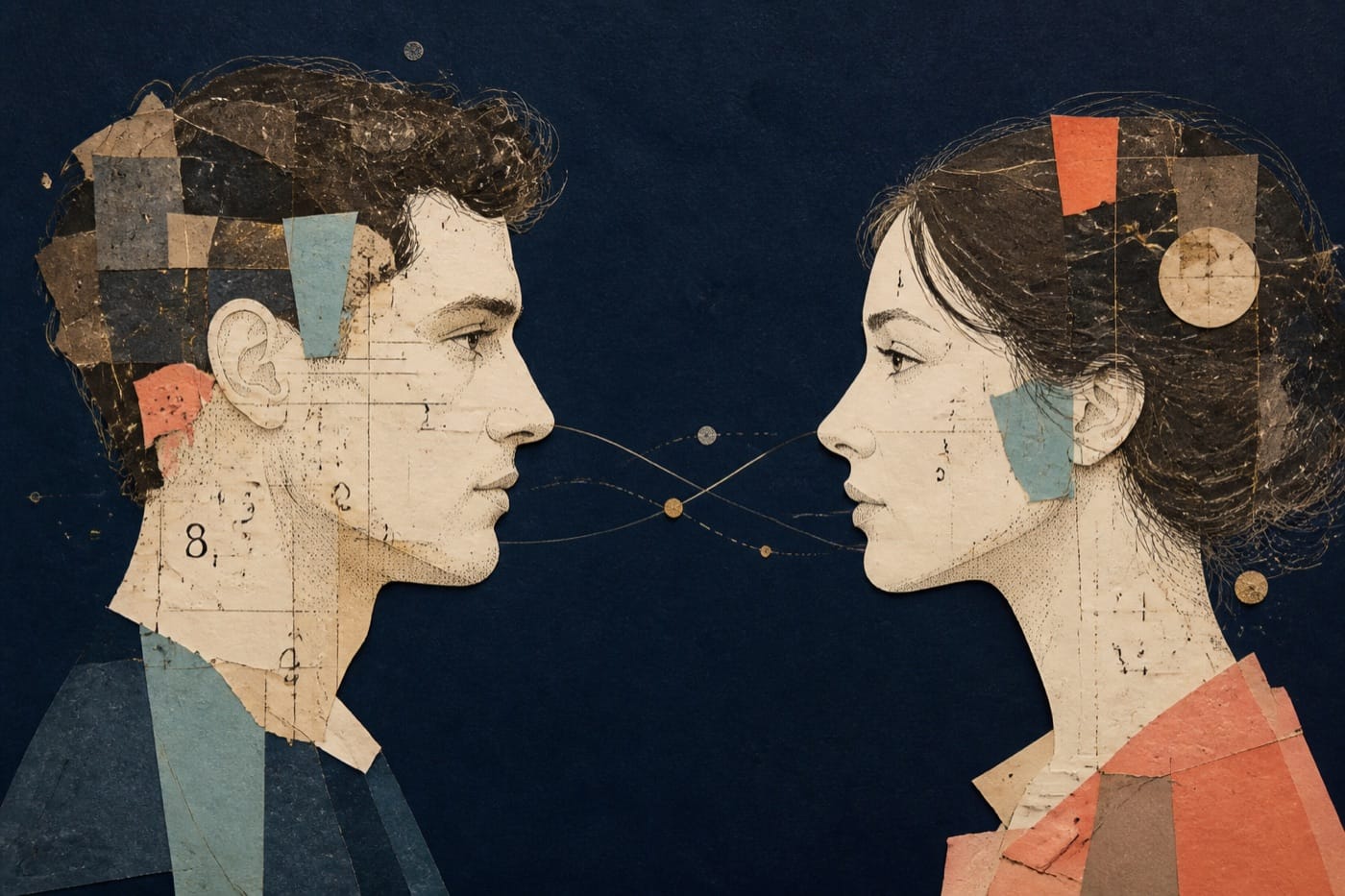 Deux profils distincts reliés par des lignes symbolisant la dynamique d’un couple