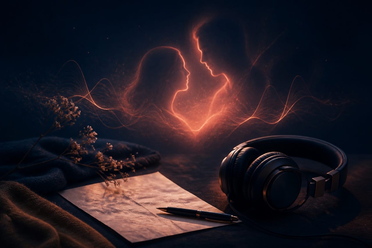 Casque et note manuscrite pour une chanson d’amour personnalisée