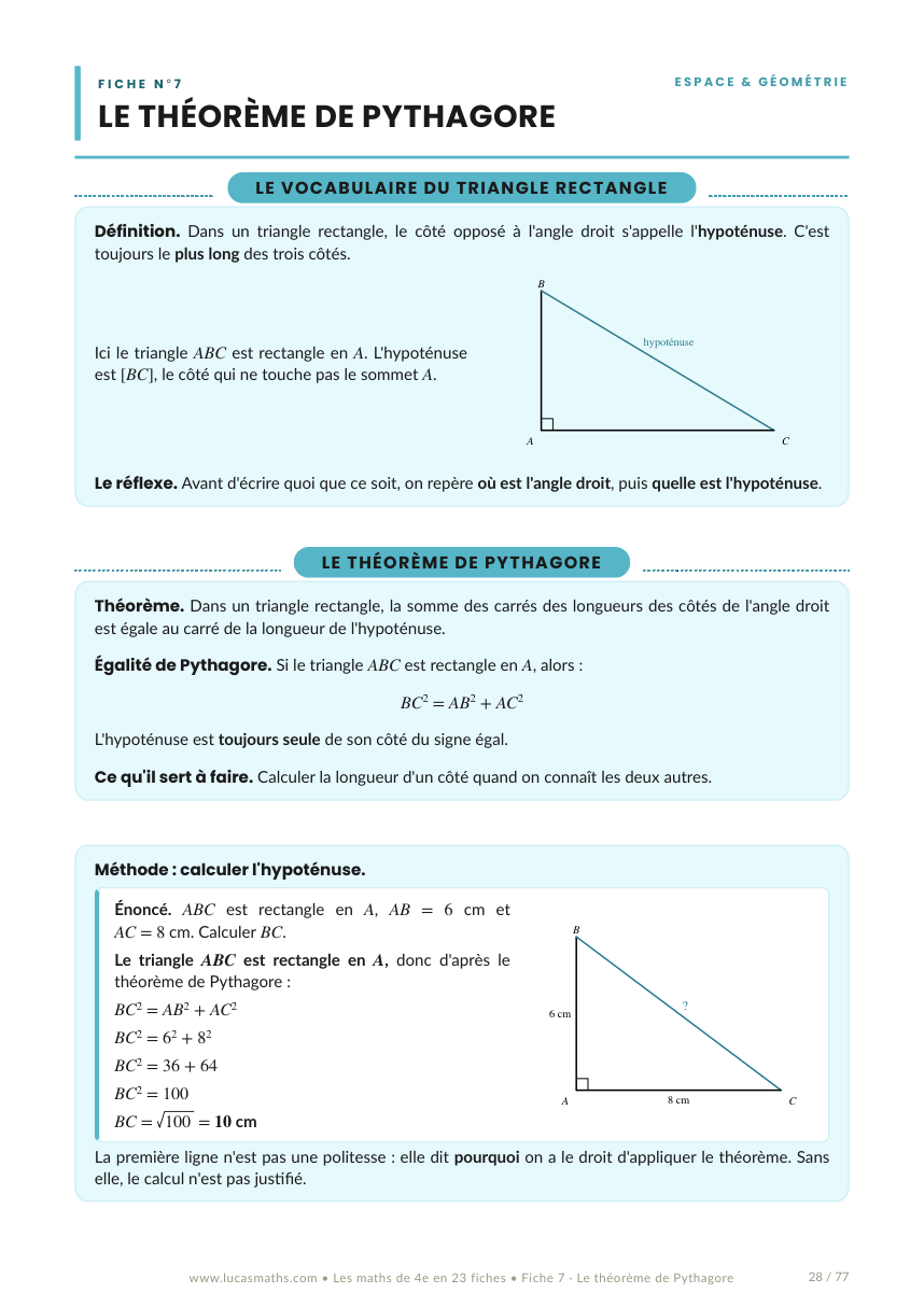 Une fiche de cours de 4ème : la fiche n°7, le théorème de Pythagore