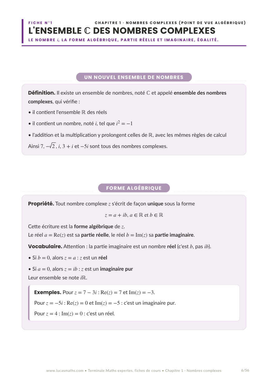 Une fiche de cours de Terminale maths expertes : la fiche n°1, l'ensemble ℂ des nombres complexes