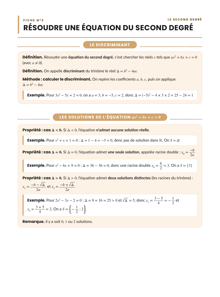 Une fiche de cours de 1ère Spé : la fiche n°2, résoudre une équation du second degré