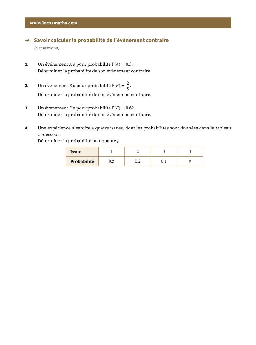 Une page des 500 automatismes de 1ère technologique : la probabilité de l'événement contraire