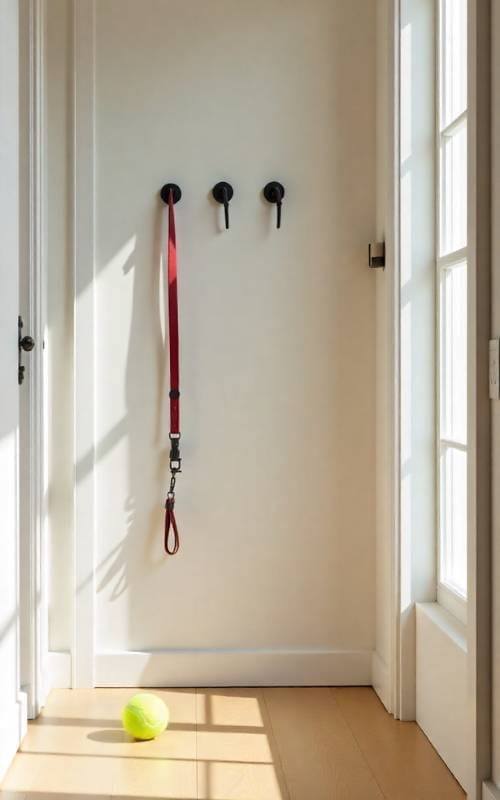 Apartment door with leash and ball