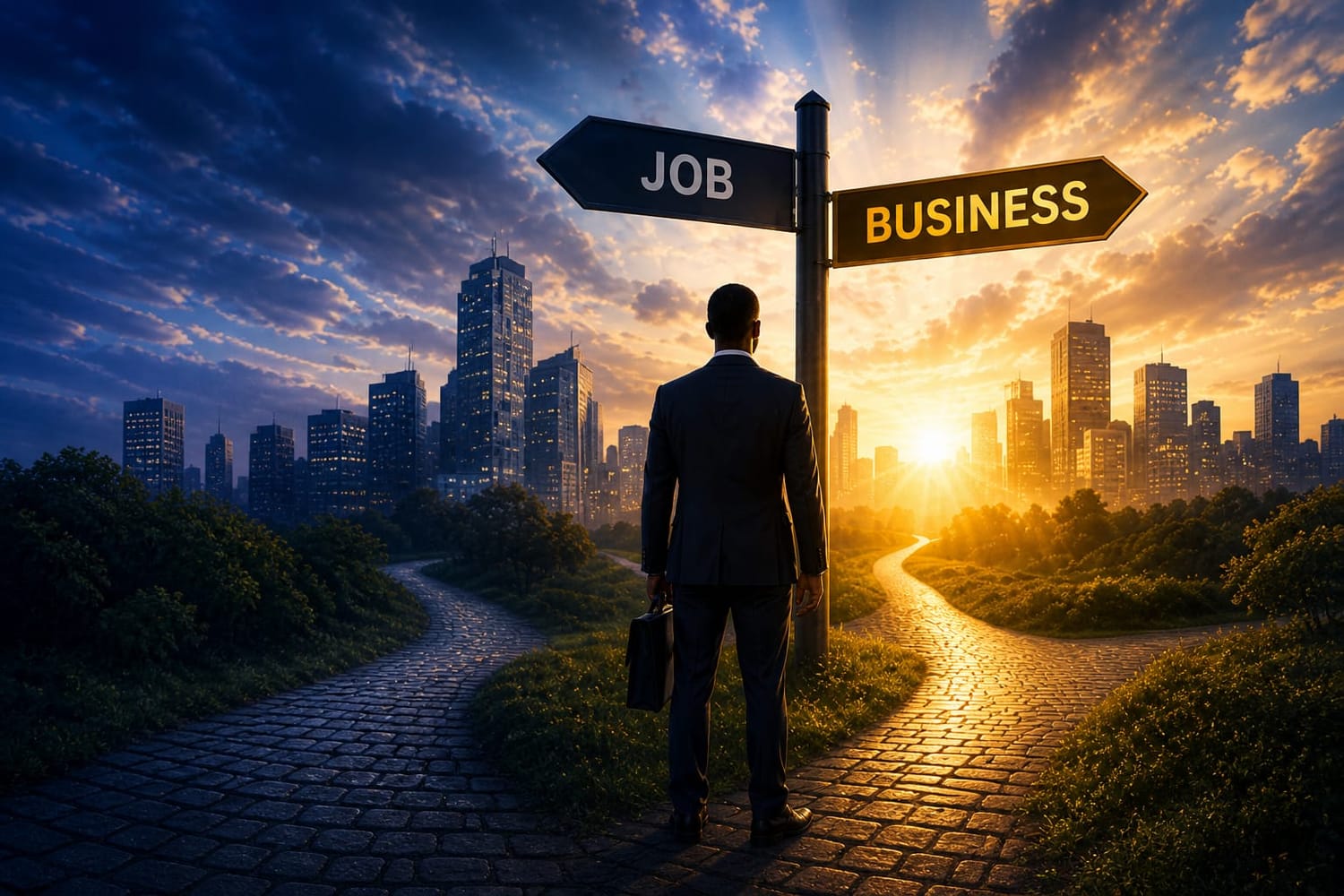 A man on a crossroad of business or a job