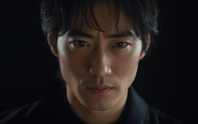 cinematic Japanese actor rehearsal emotional closeup dark studio