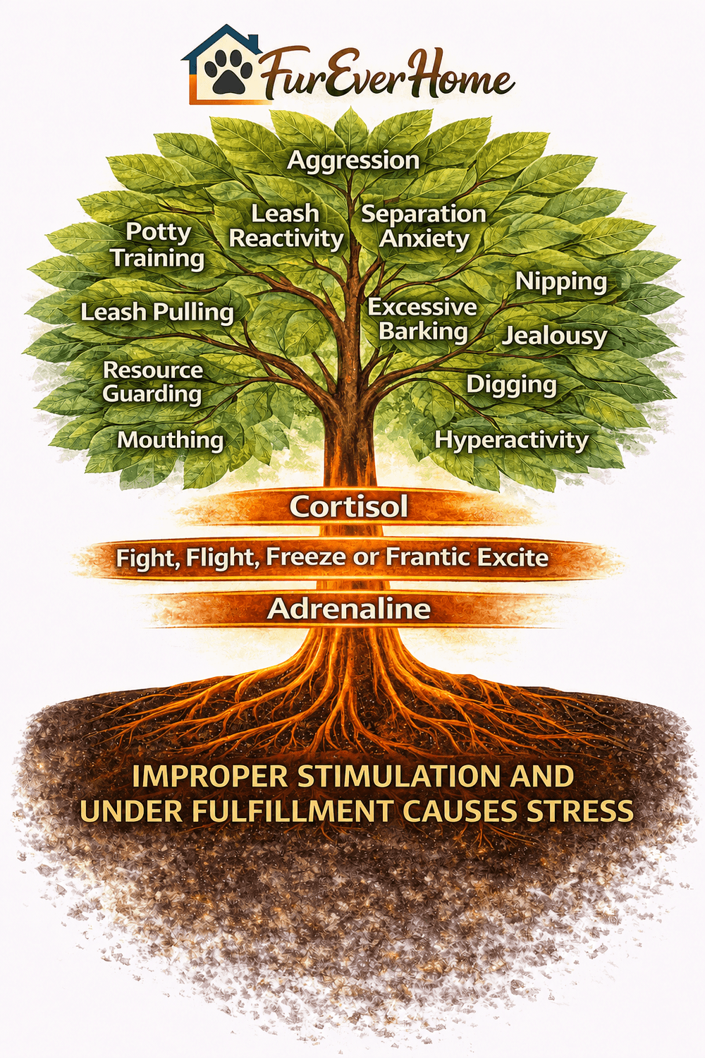 An illustration of a tree representing dog behavior, where the leaves show visible symptoms like barking or pulling, and the roots represent underlying causes like improper stimulation and lack of felt safety.