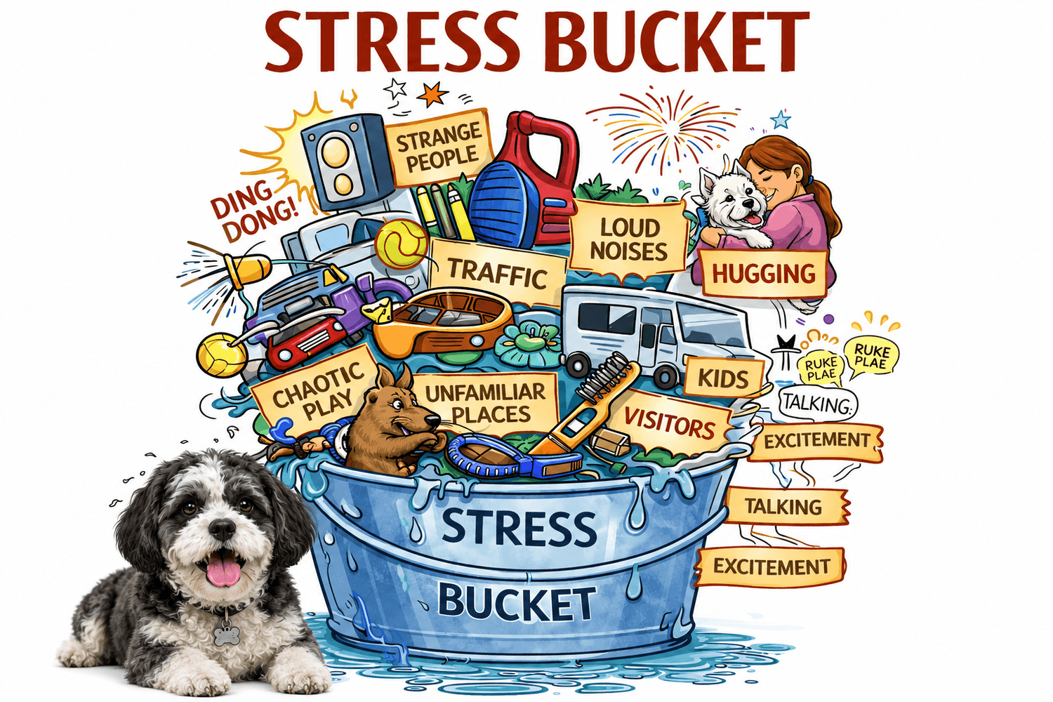 An illustration of a dog's Stress Bucket concept, showing how everyday triggers like loud noises, visitors, and overstimulation fill the bucket until it overflows into unwanted behaviors.