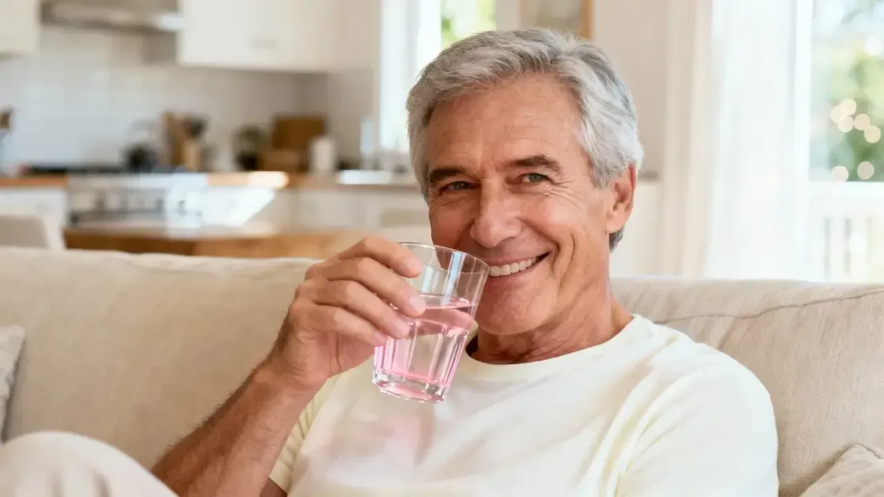 Ein Mann trinkt einen Schlaftrunk mit Himalaya-Salz und lächelt dabei in die Kamera.