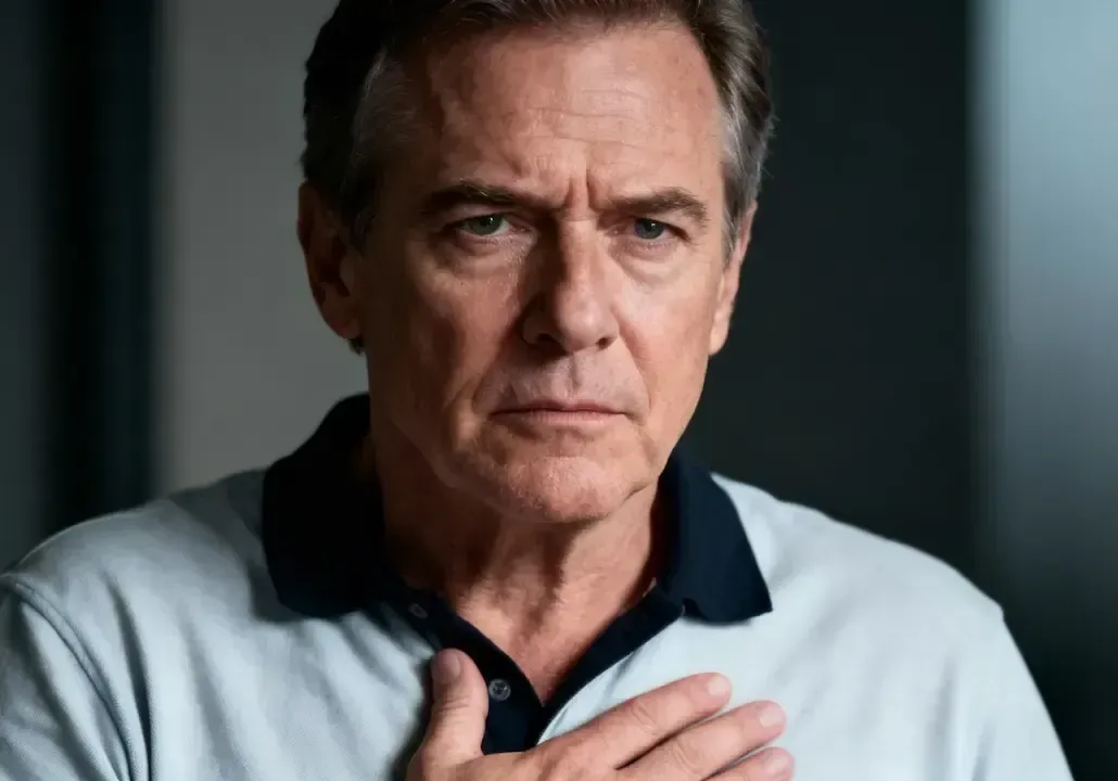 Ein besorgt dreinblickender Mann, der die Hand auf die Brust legt.