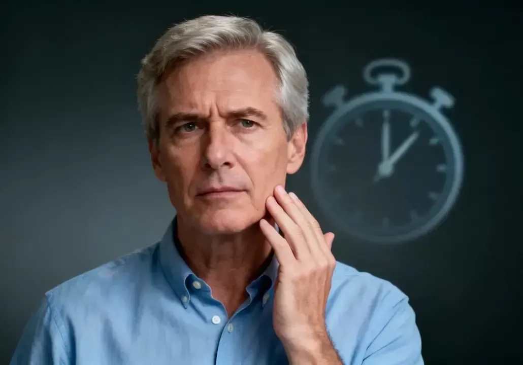 Ein Mann, der sich die Hand an die Wange hält und besorgt blickt.