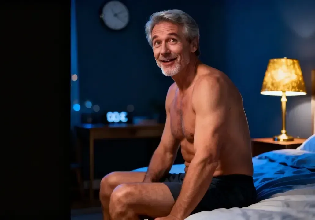 Ein älterer Mann, der nachts auf der Bettkante sitzt und in die Kamera lächelt