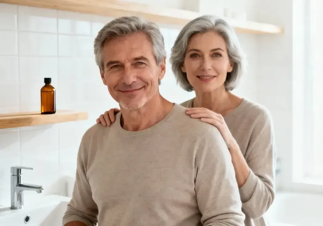 Ein älteres, attraktives Paar im Badezimmer, das in die Kamera lächelt.