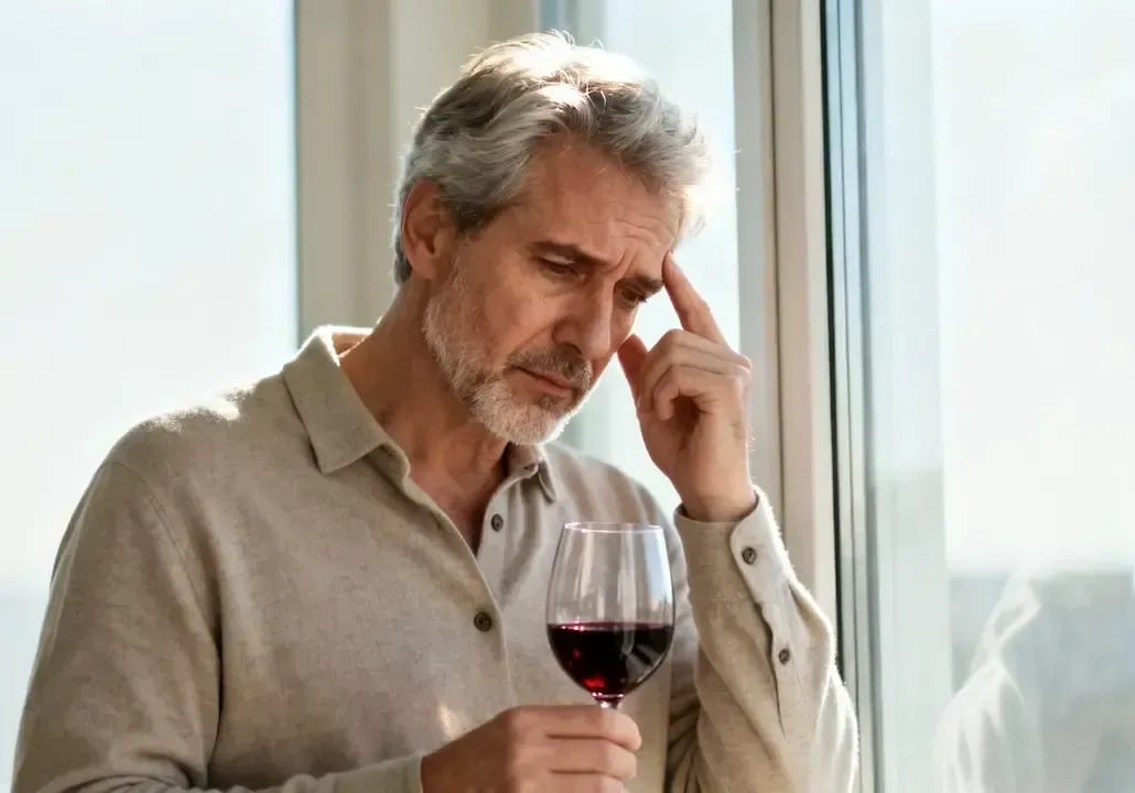 Ein besorgt dreinblickender Mann, der die Finger an die Stirn legt und ein Glas Rotwein in der Hand hält.
