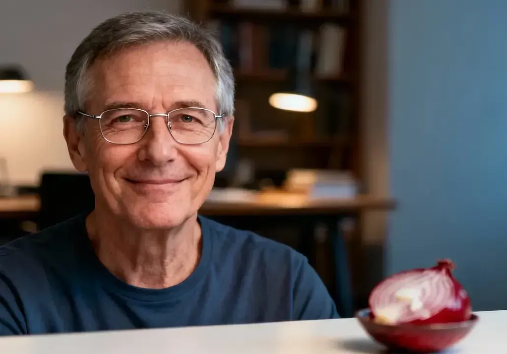 Ein älterer Mann mit dichtem, grauem Harr lächelt in die Kamera. Auf dem Tisch eine angeschnittene rote Zwiebel.