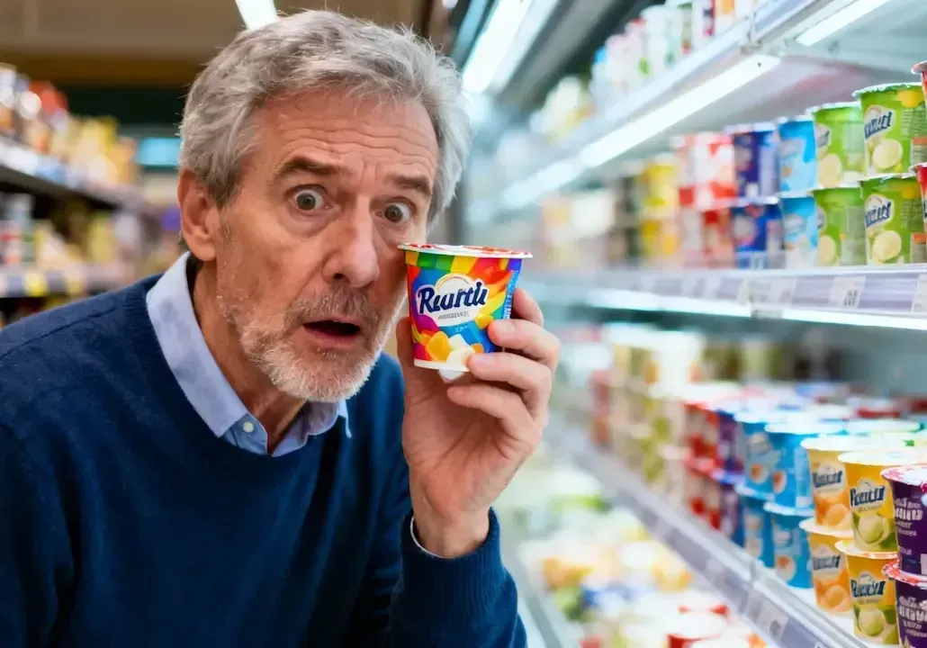 Ein erschroken dreinblickender Mann steht vor dem Kühlregal und hält einen Joghurtbecher in der Hand.