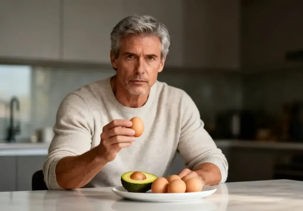Ein Mann, der der am Tisch sitzt und ein Ei in der Hand hält.