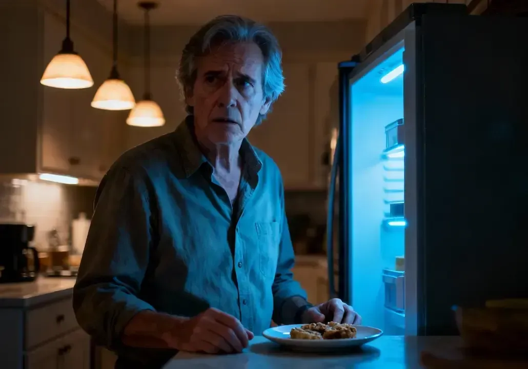 Ein Mann steht vor dem geöffneten Kühlschran, vor sich ein Teller mit Essen.