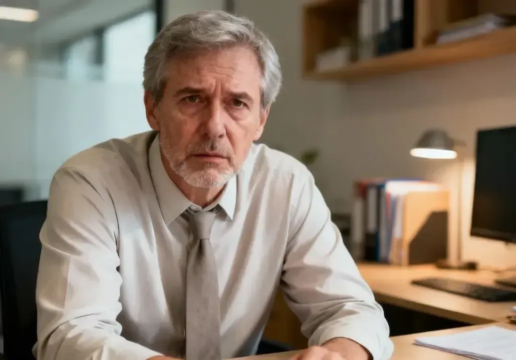 Ein älterer, erschöpft wirkender Mann am Schreibtisch.