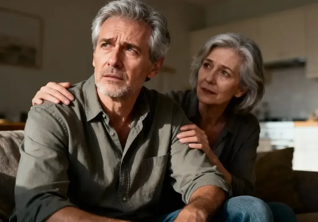 Ein bedrückt dreinschauender älterer Mann wird von seiner Partnerin getröstet.