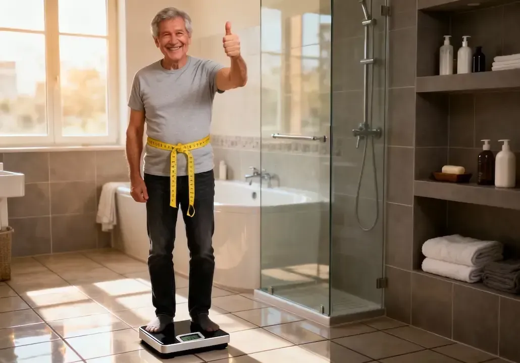 Ein älterer Herr mit einem Maßband um den Bauch steht auf einer Waage und reckt den Daumen nach oben.