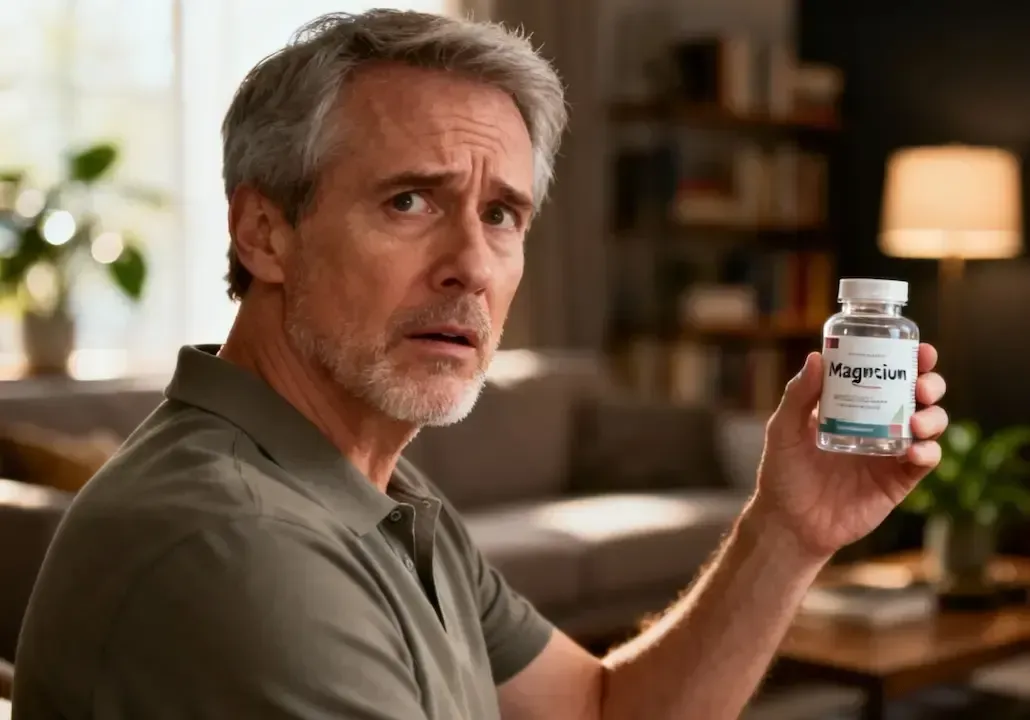 Ein zweifelnd dreinblickender Mann hält eine Dose mit Magnesiumkapseln in der Hand.