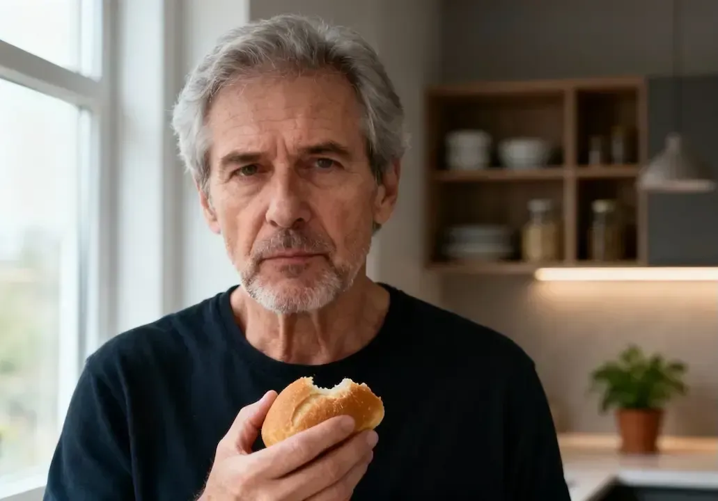 Ein älterer Mann, der ein Brötchen in der Hand hält und in die Kamera schaut.