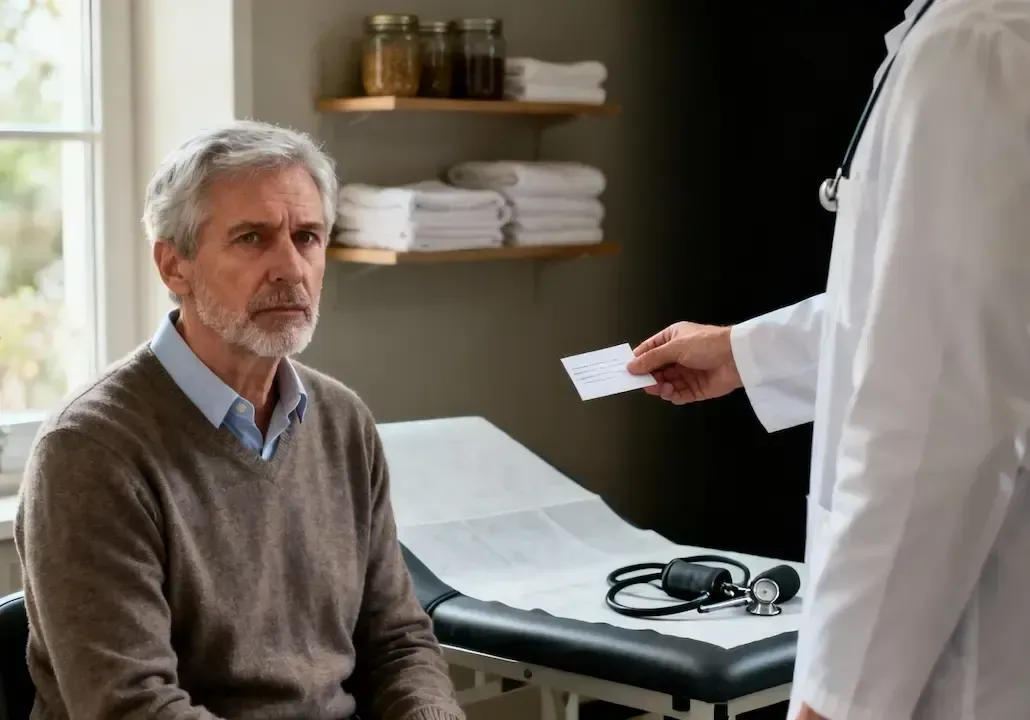 Ein älteres Patient erhält ein Rezept von seinem Arzt.