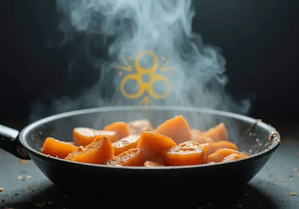 Eine Teflonpfanne mit Essen, aus der Dämpfe aufsteigen.