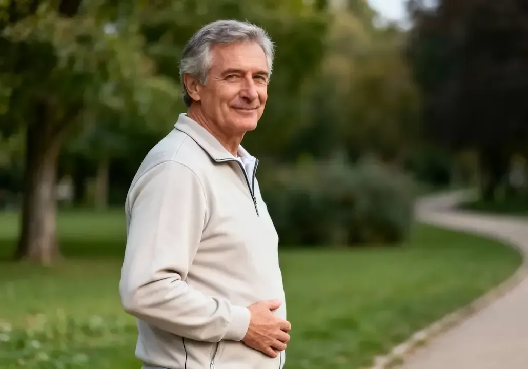 Ein älterer Mann im Jogging-Anzug steht in einem Park.