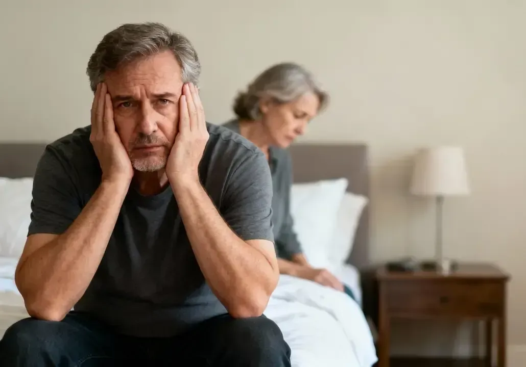 Ein älterer Mann sitzt frustriert auf der Bettkante. Im Hintergrund seine Partnerin.