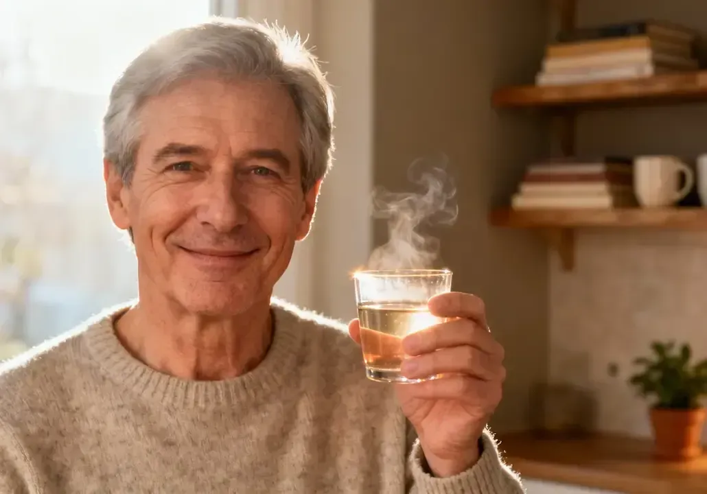 Ein etwas älterer Mann, der ein Glas warmes Wasser in der Hand hält.
