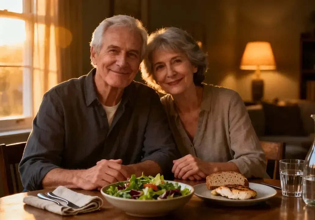 Ein älteres Ehepaar sitzt am Esstisch und lächelt in die Kamera.