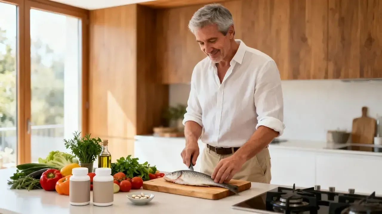 Ein Mann bereitet in der Küche einen Fisch vor. Auf der Arbeitsplatte Nahrungsmittel und Nahrungsergänzungen.