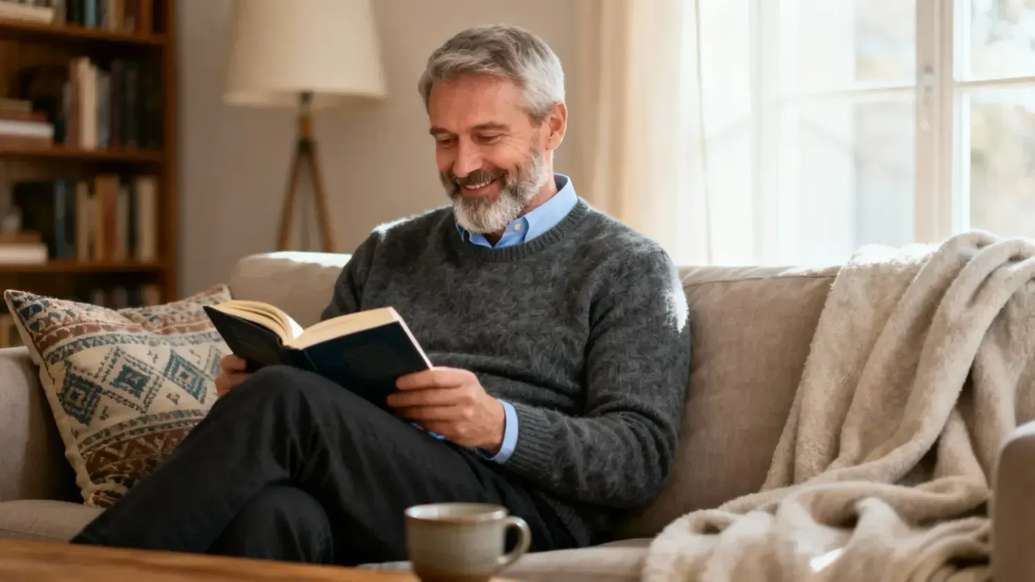 Älterer Mann, der auf dem Sofa sitzt und in einem Buch liest.